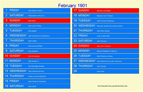 February 1901 Roman Catholic Saints Calendar