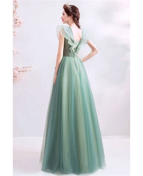 Unique Formal Green Tulle Prom Dress With Flowers Vneck Cap Sleeves