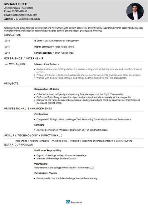Sample Resume Of Junior Accountant And Bookkeeper With Template And Writing