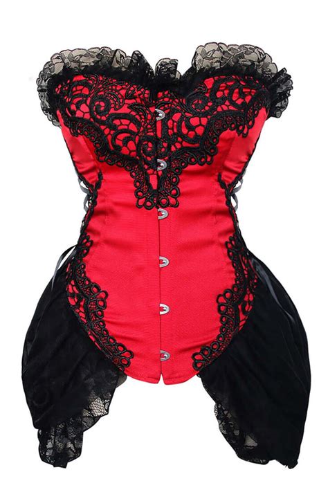 Red And Black Gothic Burlesque Corset Top Floral Embroidered Lace Trim