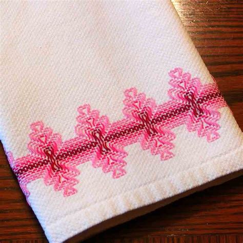 Vintage Huck Weave Tea Towel Pink And Red Swedish Weaving On