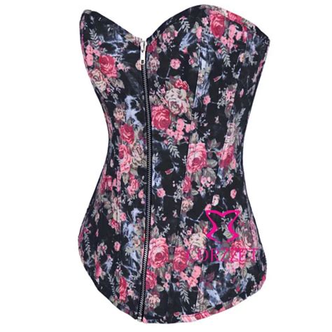 Sexy Women Shapewear Tight Lacing Flowers Floral Print Black Latex