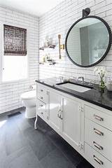 When you want something unique considering purchasing a vanity with a glass countertop. Slate on the floor with a white furniture style vanity ...