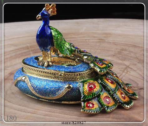 Round Male Peacock Figurine Box Czech Crystals Bird Jewelry Trinket