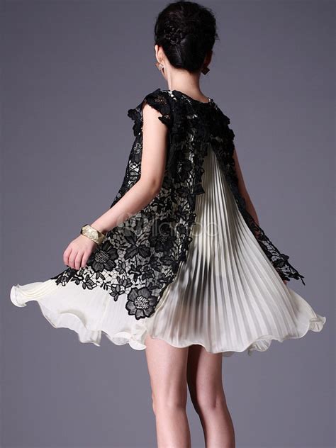 Sweet Floral Pleated Sleeveless Lace Womens Dress