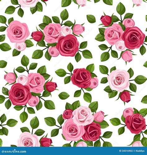 Seamless Pattern With Red And Pink Roses On White Stock Vector