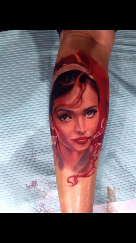 Illustrative Style Colord Leg Tattoo Of Cute Woman Portrait