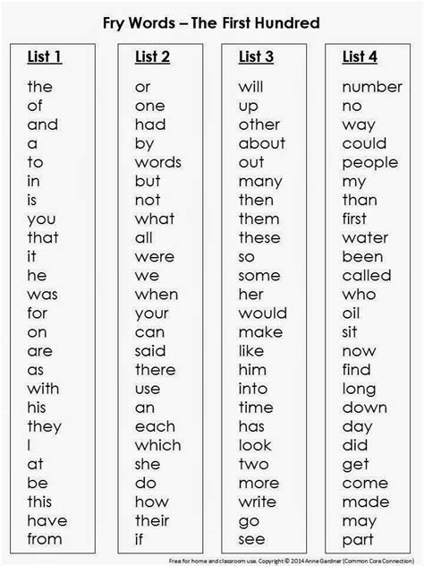 Common Core Connection Fry Word Lists Sight Words Kindergarten