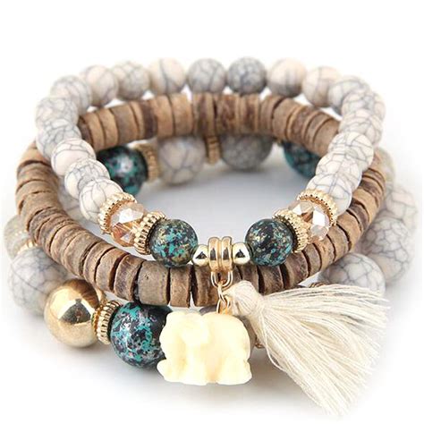 Women Fashion Wood Beads Bracelets Boho Small Elephant Charm Bracelets