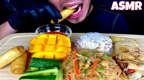Asmr Filipino Food Feast Eggrolls Pancit Embutido White Rice Mango No Talking Mukbang