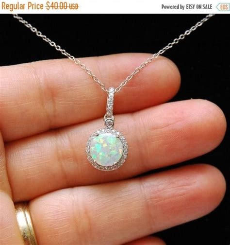 White Opal October Birthstone Charm Necklace Blue Opal Pendant Silver
