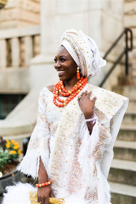 Boat Neck Womens Nigerian Outfit In White And Gold Engagement Ceremony