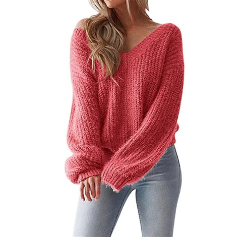 Women S V Neck Backless Loose Sweater Slouchy Pullover Sweater Long Sleeve Pullover Sweater