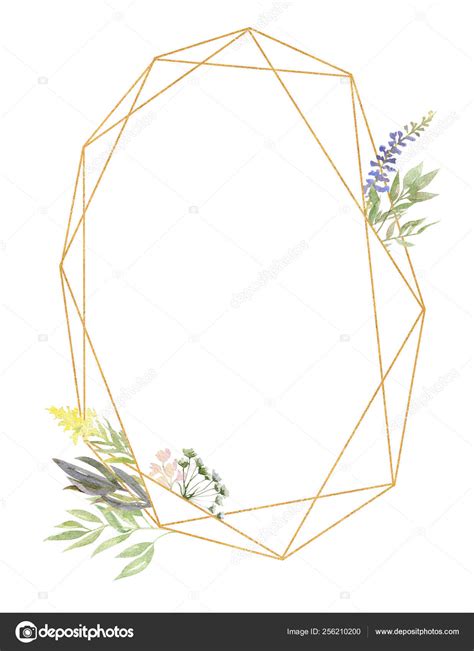 Watercolor Golden Geometric Frame Decorated With Florals And Lav