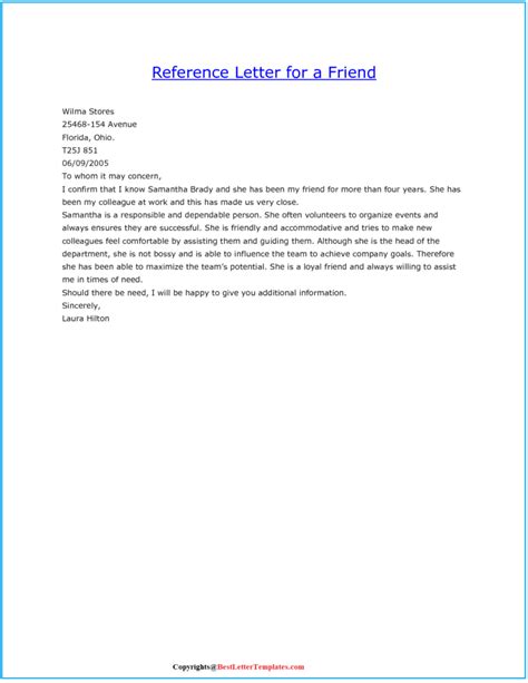 Sample Character Reference Letter Example For A Friend Best Letter
