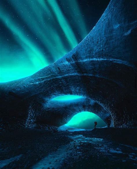 Northern Lights Dancing Above Ice Caves In Iceland