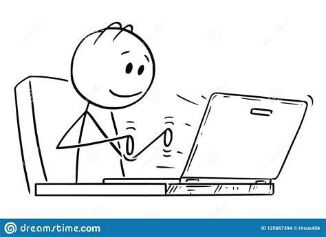 Cartoon Of Smiling Man Or Businessman Working Or Typing On Laptop Or