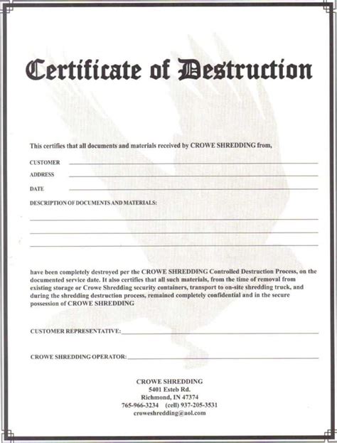 Certificate Of Destruction Template Free Form In Destruction