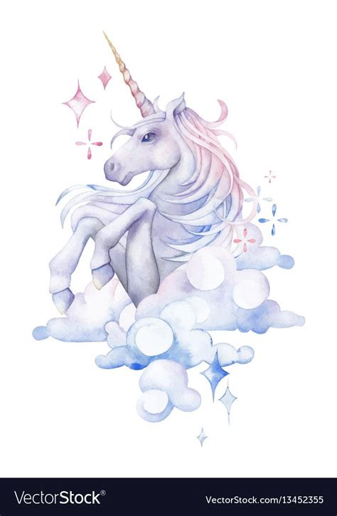 Cute Watercolor Unicorn In The Sky Hand Drawn Fantasy Art In Pastel