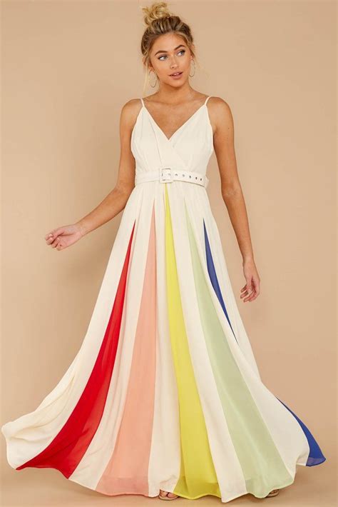Stunning White Rainbow Stripe Maxi Flowy Formal Gown Dress 58