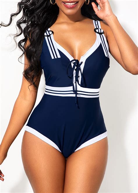 Navy Blue Lace Up Wide Strap One Piece Swimwear Rosewe Com Usd