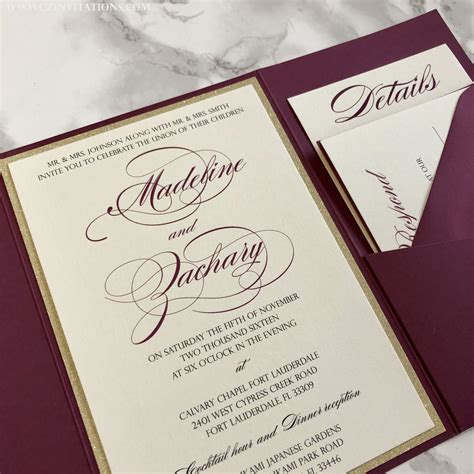 Burgundy And Gold Glitter Pocket Wedding Invitation — Cz Invitations