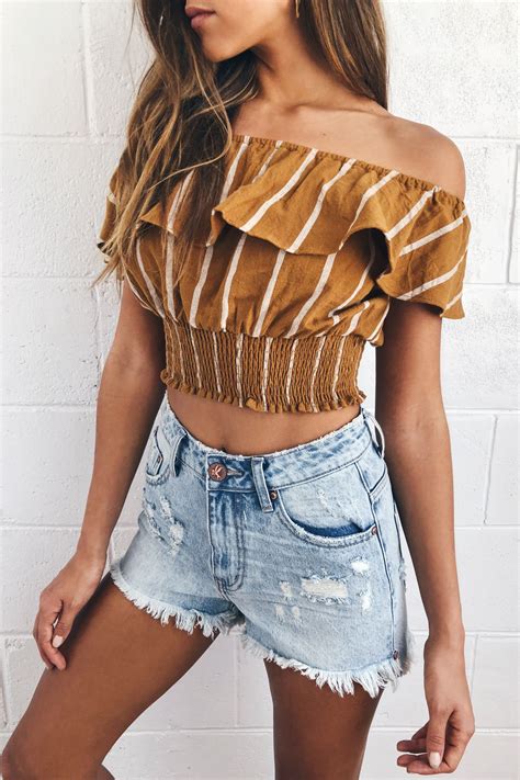 days go by dark mustard striped off the shoulder crop top trendy summer outfits fashion cute
