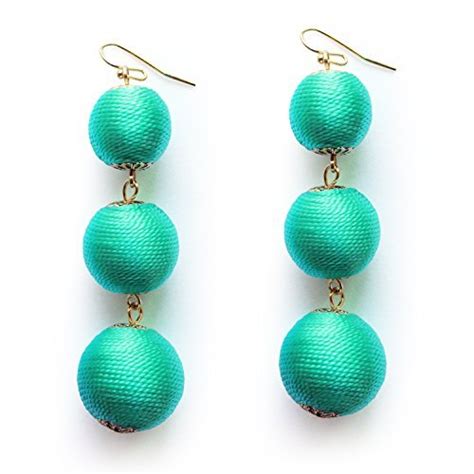 Turquoise Colored Drop Thread Ball Long Earrings For Women Girls 3