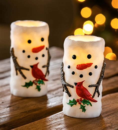 Snowman And Cardinal Led Wax Pillar Christmas Candle Wind And Weather