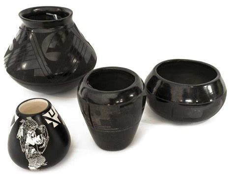 4 Native American Pueblo Black On Black Pottery