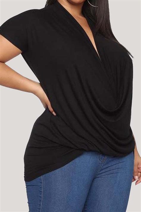 Fashion Black Fashion Casual Solid Basic V Neck Plus Size Tops For Sale