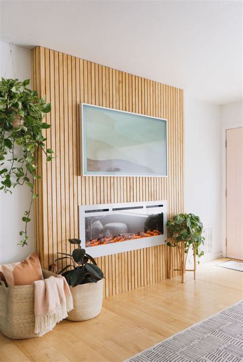 Slat Wall Wood Electric Fireplace Samsung Frame Tv Boho Living Room