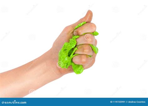 Hand Squeezing Green Slime Isolated On White Background Stock Image