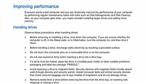 Maintaining your computer, Improving performance, Handling drives | HP