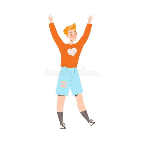 Happy And Rejoicing Redhead Man Character Cheering Raising Hands Up
