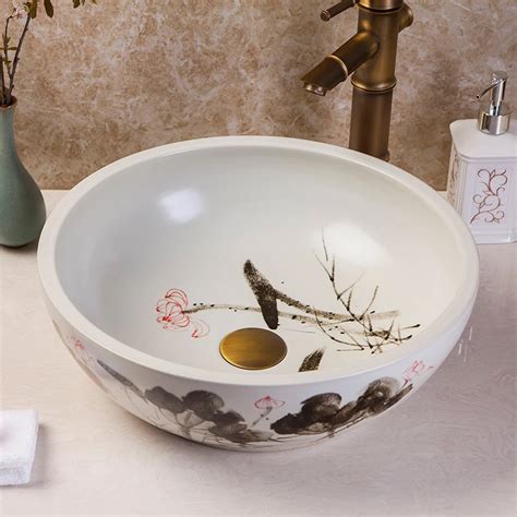 China Artistic Handmade Ceramic Wash Basin Round Counter Top Bathroom