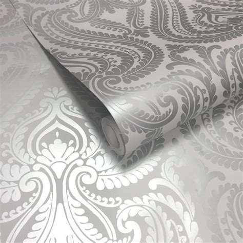 I Love Wallpaper Shimmer Damask Wallpaper Soft Grey Silver