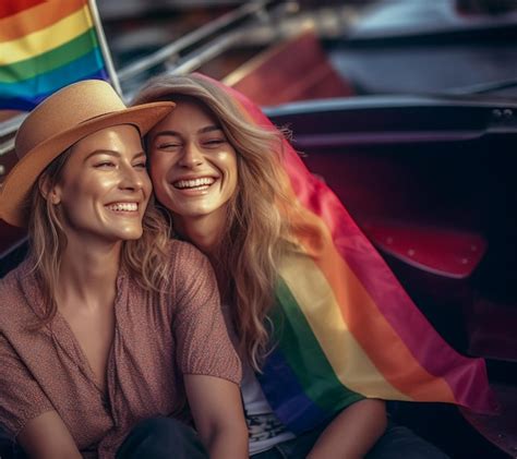 hermosa pareja de lesbianas en un barco en amsterdam celebrando el orgullo lgbtq con patrones de