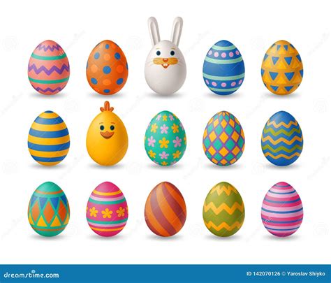 Easter Cute Eggs Set With White Bunny And Chicken Stock Vector