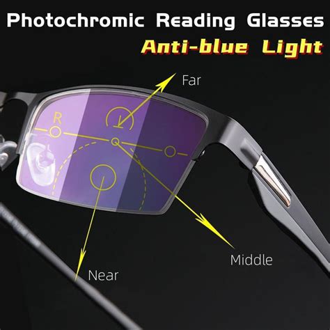 titanium multifocal photochromic reading glasses men tr90 progressive bifocal anti blue light uv