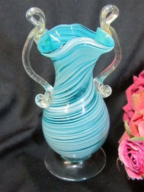 Vintage Murano Art Glass Vase Aqua Swirl Applied Handles