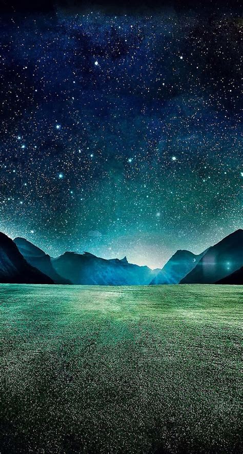 Starry Night Grass Field Mountains The Iphone Wallpapers