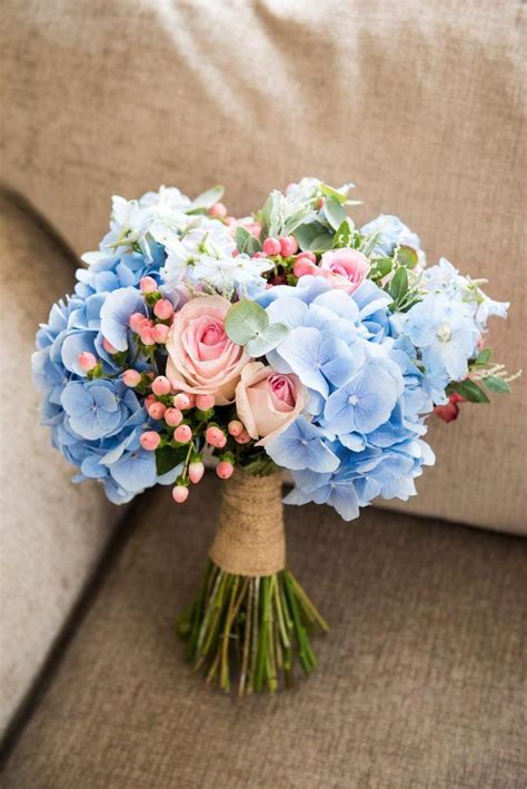 Soft Pink Roses And Baby Blue Hydrangea Flowers In This Gorgeous Bridal
