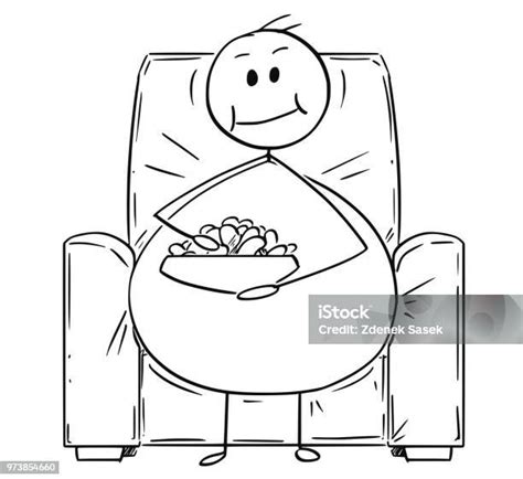 Kartun Pria Gemuk Atau Kelebihan Berat Badan Duduk Di Kursi Berlengan Menonton Tv Dan Makan