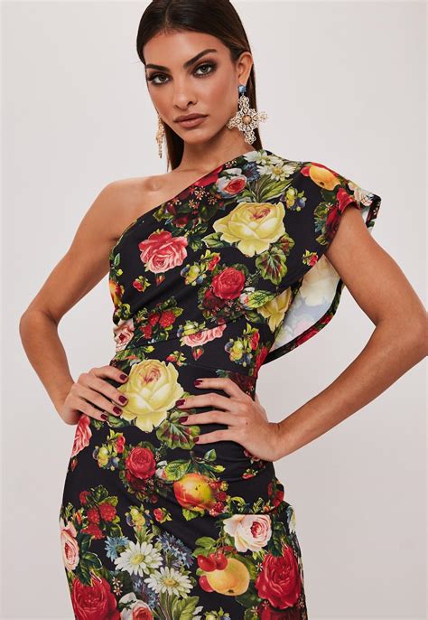 Black Floral Print One Shoulder Overlay Bodycon Midi Dress Missguided
