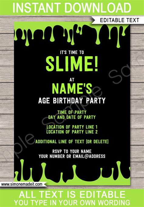 slime party printables invitations decorations