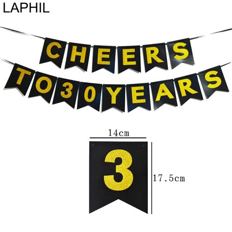 Laphil Black Glitter Birthday Banner Cheers To 30 Years Bunting Paper