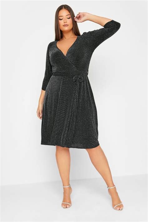 Yours London Plus Size Black Glitter Stripe Midi Wrap Dress Yours Clothing