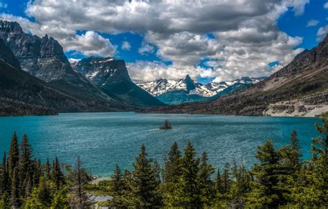 Wallpaper Clouds Mountains Lake Montana Island Glacier National