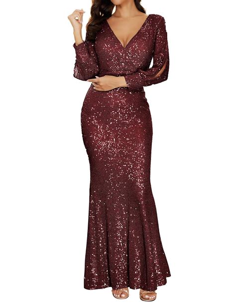 Buy Womens V Neck Long Sleeve Sequin Bridesmaid Dress Gown Evening